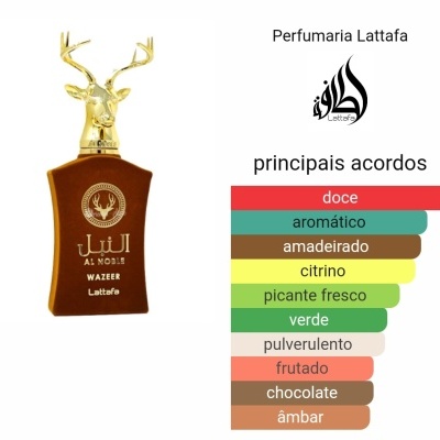 Frasco de perfume castanho com tampa dourada formato veado e tabela de acordos olfativos