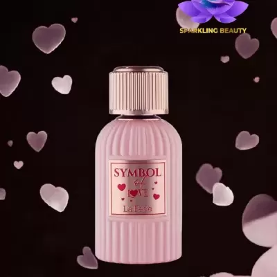 Frasco de perfume rosa com rótulo 'SYMBOL of LOVE'