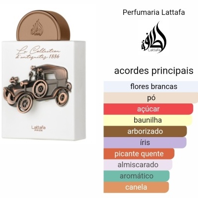 Embalagem branca de perfume com relevo de carro antigo bronze e marrom, texto 'La Collection desde 1886' e 'Lattafa Paris'.