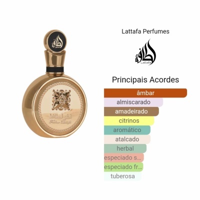 Frasco de perfume dourado arredondado com relevo e texto árabe ao lado texto em português e o logo da Lattafa Perfumes