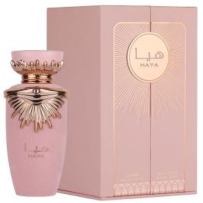 Frasco de perfume rosa claro com tampa dourada e caixa rosa claro com texto HAYA