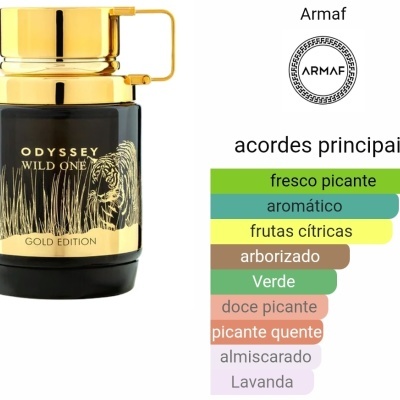 Frasco de perfume preto e dourado Armaf Odyssey Wild One Gold Edition com gráfico de acordes principais em português