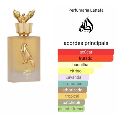 Frasco de perfume amarelo com pássaro dourado e texto, ao lado lista de acordes principais colorida