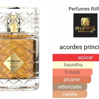 Frasco de perfume Golden Elixir RiiFFS e gráfico com acordes principais.