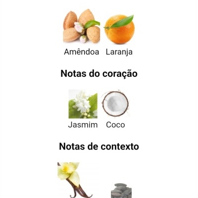 Notas principais, do coração e de contexto com imagens de amêndoa, laranja, jasmim, coco, baunilha e fava tonka.