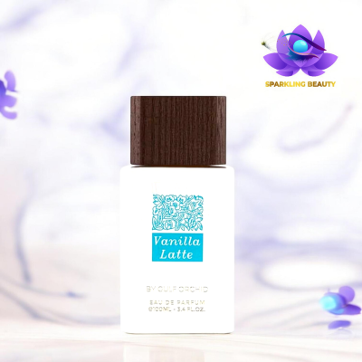 Frasco branco de perfume Vanilla Latte com tampa de madeira castanha