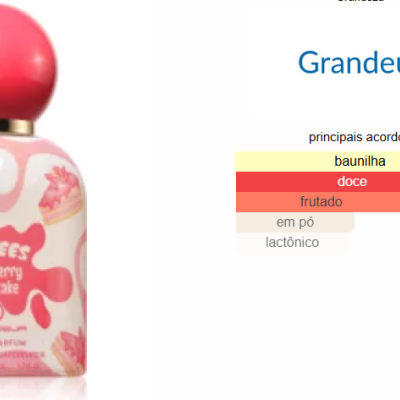 Perfume Turrens Strawberry Cheesecake com tampa rosa e corpo branco e rosa, texto em francês ao lado