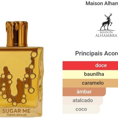 Frasco de perfume amarelo SUGAR ME CREME BRULEE com tampa dourada e gráfico de acordes principais