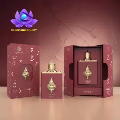 Frasco e embalagens de perfume vermelho e dourado com ornamento de lanterna