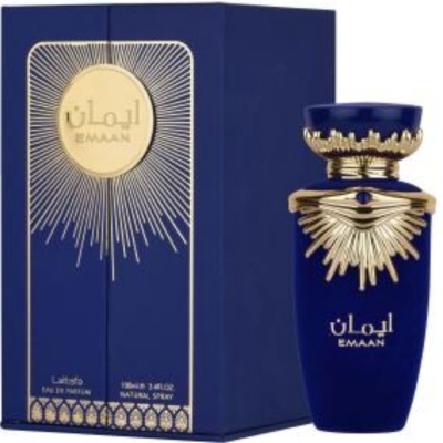 Frasco e caixa de perfume azul escuro e dourado com texto EMAAN