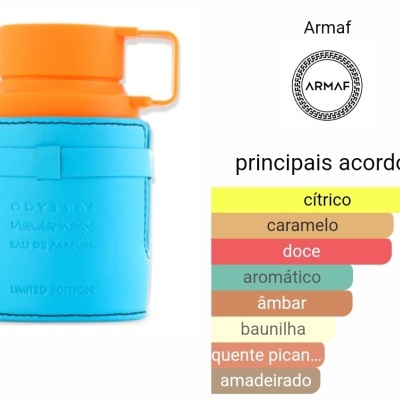 Frasco de perfume Armaf Odyssey edição limitada azul e laranja com descrição dos acordos olfativos