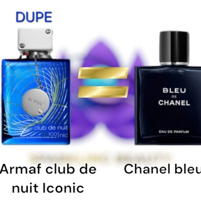 Duas garrafas de perfume Armaf club de nuit Iconic e Chanel bleu lado a lado com símbolo de igualdade entre elas