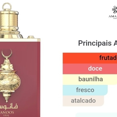 Frasco de perfume vermelho com detalhes dourados e texto em português e árabe