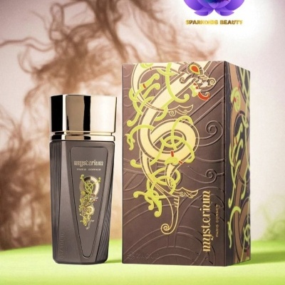Frasco e caixa de perfume mysterium com design decorativo castanho e verde-limão