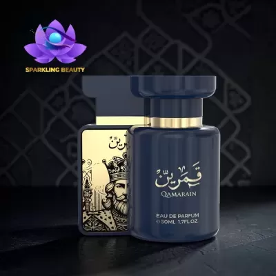 Frasco e caixa de perfume QAMARAIN azul escuro e dourado com design de rei
