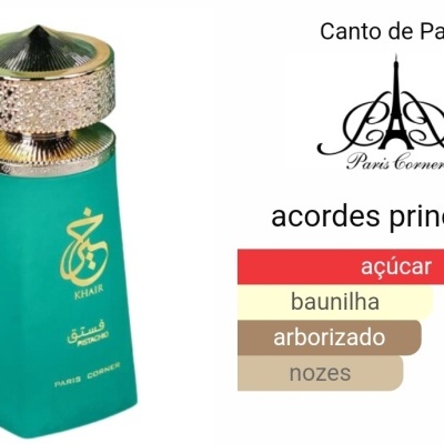 Frasco de perfume turquesa com tampa dourada e texto em dourado, e gráficos com acordes principais ao lado.
