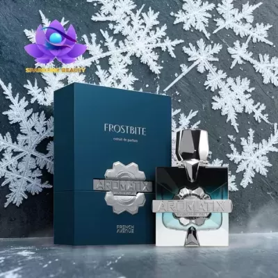 Frasco metálico prateado de perfume FROSTBITE com caixa azul escuro e flocos de gelo ao fundo.