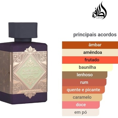Frasco roxo escuro de perfume Badee Al Oud com etiqueta dourada e lista de acordos principais