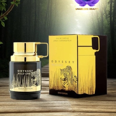 Frasco e embalagem de perfume ODYSSEY WILD ONE GOLD EDITION com desenho de tigre