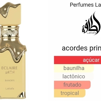 Frasco dourado de perfume ECLAIRE BANOFFI Lattafa com logo e acordes principais