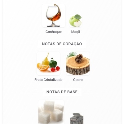 Notas de fragrância com imagens e textos em português