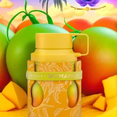 Frasco amarelo de cosmético com embalagem de folhas e mangas, frutas de manga ao fundo