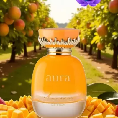 Frasco de perfume laranja com tampa dourada sobre pedaços de manga cortada com pomar ao fundo