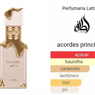 Frasco de perfume ECLAIRE dourado com lista de acordes principais