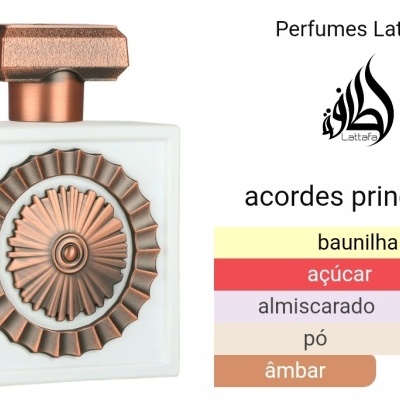 Frasco de perfume branco com detalhes bronze e tampa hexagonal