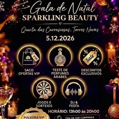 Cartaz da Gala de Natal Sparkling Beauty com informações sobre evento, data, local, atividades e preço da pulseira VIP.