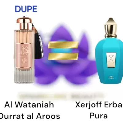 Frascos de perfume Al Wataniah e Xerjoff Erba Pura lado a lado com símbolo de igualdade