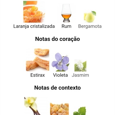 Notas principais, do coração e de contexto com imagens de laranja cristalizada, rum, bergamota, estirax, violeta, jasmim, baunilha, benjoim e patchouli