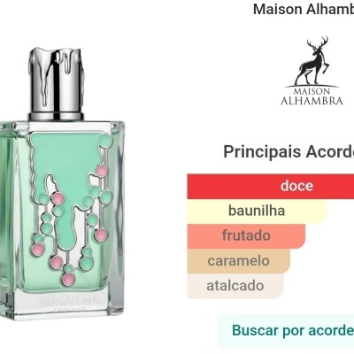 Frasco de perfume em vidro transparente com decoração colorida e texto sobre acordes olfativos
