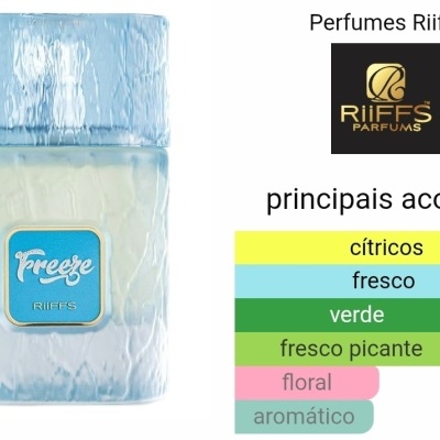 Frasco de perfume Freeze Riiffs azul com principais acordos em texto