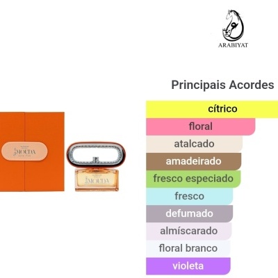 Perfume MOUDA em frasco âmbar com tampa oval prateada ao lado de caixa laranja e lista de acordes