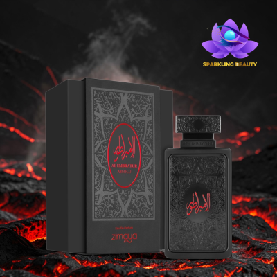 Perfume AL EMBRATUR ABSOLU preto com detalhes em relevo vermelho em fundo de lava