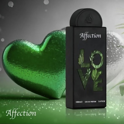 Frasco preto de perfume com texto 'Affection' e 'LOVE' com folhas verdes, junto a coração verde brilhante.