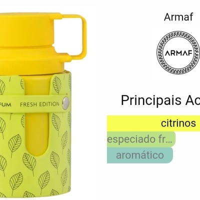 Frasco e embalagem de perfume Armaf amarelo com padrão de folhas verdes