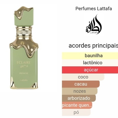 Frasco de perfume verde claro com detalhes dourados e tabela de acordes principais em fundo branco