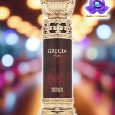 Frasco para perfume decorativo vermelho e dourado com texto GRECIA ROSA.