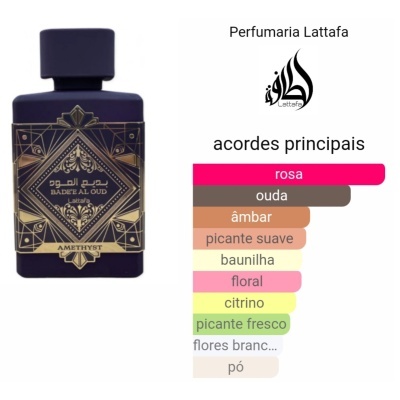 Frasco de perfume roxo escuro com rótulo dourado e lista de acordes principais em texto colorido