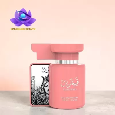 Frasco de perfume cor-de-rosa com caixa ilustrada