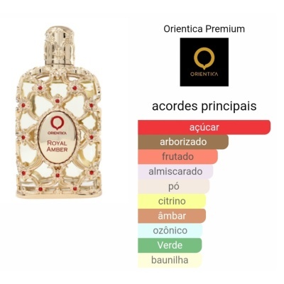 Frasco de perfume dourado decorado e lista de acordes principais da fragrância
