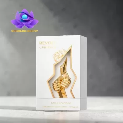 Caixa branca de perfume Revolt Uprising com design dourado e texto dourado