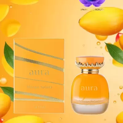 Perfume Aura Manga Splash La Fede com embalagem laranja e dourada rodeado por mangas e folhas verdes
