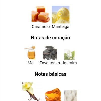Notas aromáticas com imagens de ingredientes: caramelo, manteiga, mel, fava tonka, jasmim, baunilha, âmbar e almíscar