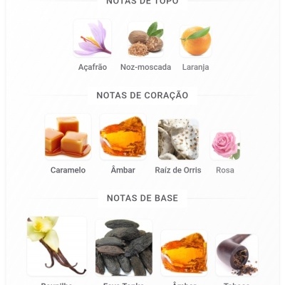 Notas de topo, coração e base com imagens de ingredientes aromáticos diferenciado e seus nomes em português.