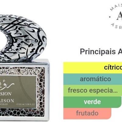 frasco de perfume prateado com padrões pretos e etiqueta verde, gráfico de aromas ao lado