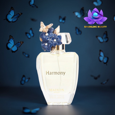 Frasco de perfume Harmony com decoração floral azul e borboleta dourada