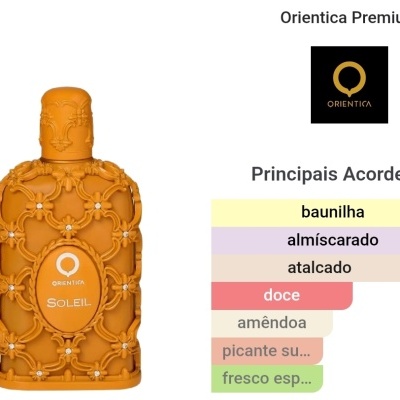 Frasco de perfume laranja com design ornamentado e etiqueta Orientica Soleil
